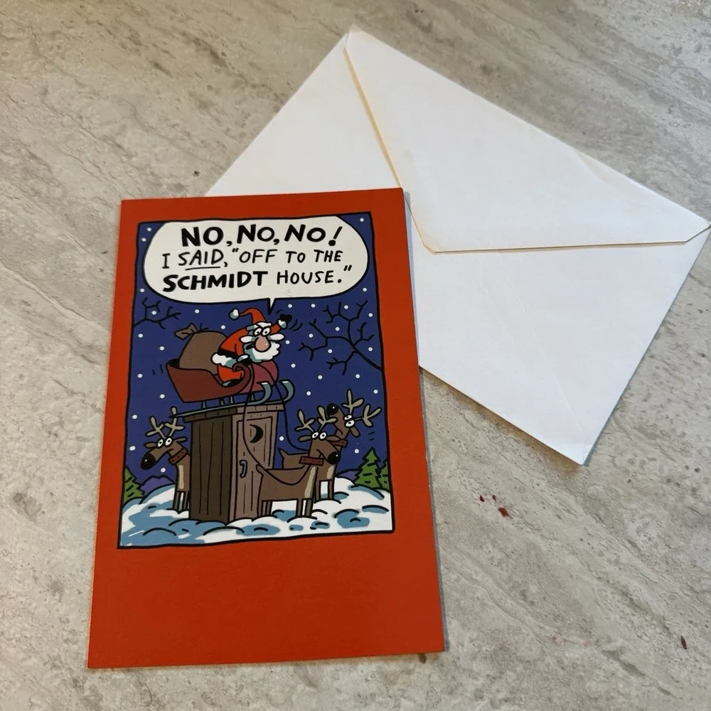 Funny VTG Christmas Card + Envelope Santa & Reindeer Greeting Inside UNUSED‎